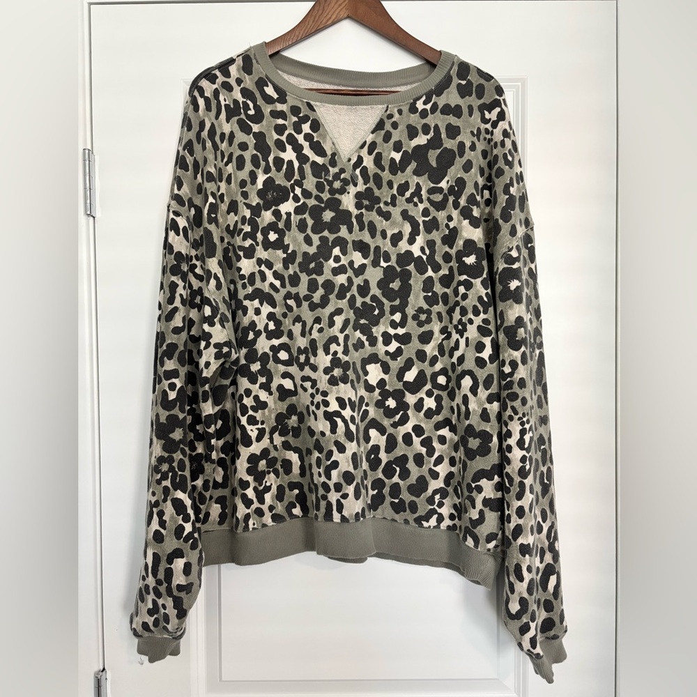 Free People Leopard Print Crew Neck Sweatshirt- Olive and Black
